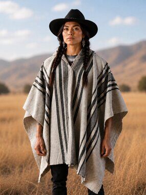Handwoven Unisex Native American Wool Poncho - 100% Highland Wool Pullover Coat